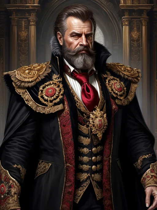 Prompt: (full-body) oil painting of male human Warhammer 40k noble in ornate well-appointed royal palace, dark moody atmospheric lighting, dark gothic fantasy architecture, , highly detailed background, dark gritty tones, highly detailed, professional illustration, painted, art, painterly, impressionist brushwork, thick brown styled hair, full brown styled beard, piercing brown eyes, dark rich wood, ornate columns, intricate marble flooring, high detailed background, professional, warhammer 40k imperium of man, wh40k, imperial palace, imperium of man aquila decoration, ornate posh royal noble clothes, (ruffled white dress shirt), intricate embroidered black-and-gold cravat necktie, fancy ((black fur mantle) with animal head), ornate noble's black (great-cloak), fancy ornate jeweled rings, fancy gold coat-of-arms (brooch), intricately embroidered (red waistcoat), ornate fancy noble's (trench-coat), (Valeriy Vegera art style), ((highly detailed facial features)), royal epic stately standing pose, 