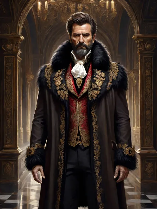 Prompt: (full-body) oil painting of male human Warhammer 40k noble in ornate well-appointed royal palace, dark moody atmospheric lighting, dark gothic fantasy architecture, , highly detailed background, dark gritty tones, highly detailed, professional illustration, painted, art, painterly, impressionist brushwork, thick brown styled hair, full brown styled beard, ((piercing brown eyes)), dark rich wood, ornate columns, intricate marble flooring, high detailed background, professional, warhammer 40k imperium of man, wh40k, imperial palace, imperium of man aquila decoration, ornate posh royal noble clothes, (ruffled white dress shirt), intricate embroidered black-and-gold cravat necktie, fancy ((black fur mantle) with animal head), ornate noble's black (great-cloak), fancy ornate jeweled rings, fancy gold coat-of-arms (brooch), intricately embroidered (red waistcoat), ornate fancy noble's (trench-coat), (Valeriy Vegera art style), ((highly detailed facial features)), royal epic stately standing pose, ornate fancy gold jeweled rings on fingers, 
