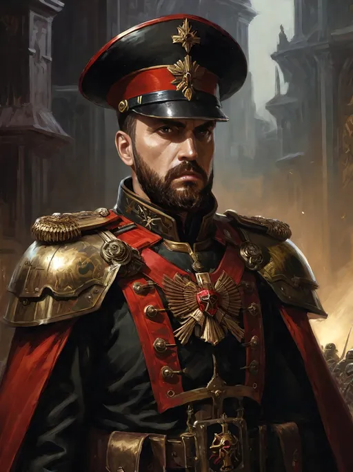 Prompt: (Full-body) oil painting portrait of human male ((Warhammer 40k commissar)) shouting and giving orders to a {40k imperial guard regiment} in background, short thick (brown hair), thick full (brown beard), (((Warhammer 40k))), wh40k, fierce expression, Stoic epic standing pose, (piercing brown eyes), professional illustration, painted, art, painterly, {40k imperial guard commissar}, ((heavy flak armor)) {chest piece} breastplate, ornate red and black trench-coat decorated with military medals, ornate military epaulets with ({gold tassels}), ornate (({40k commissar hat})), highly detailed eyes, (highly detailed facial features), (dark tones), highly detailed dark war zone background, impressionist brushwork, dark battlefield background, outside, exterior, astra militarum imperial guard, active war zone background, (wh40k imperial guard) regiment in background, grimdark, gothic fantasy, ornate officer's shoulder cape, highly detailed hands, worry lines, wizened, (40k {imperial guardsmen} {astra militarum} in background), 
