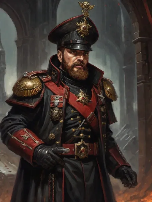 Prompt: (Full-body) oil painting portrait of human male ((Warhammer 40k commissar)) shouting and gesturing giving orders to a {40k imperial guard regiment} in background, short thick (brown hair), thick full (brown beard), (((Warhammer 40k))), wh40k, fierce expression, Stoic epic standing pose, (piercing brown eyes), professional illustration, painted, art, painterly, {40k imperial guard commissar}, ((({heavy flak armor} conquistador chest piece breastplate))), ornate red and black trench-coat decorated with military medals, ornate military epaulets with ({gold tassels}), ornate (({40k commissar hat})), highly detailed eyes, (highly detailed facial features), (dark tones), highly detailed dark war zone background, impressionist brushwork, dark battlefield background, outside, exterior, astra militarum imperial guard, active war zone background, (wh40k imperial guard) regiment in background, grimdark, gothic fantasy, ornate officer's shoulder cape, highly detailed hands, worry lines, wizened, (40k {imperial guardsmen} {astra militarum} in background), 
