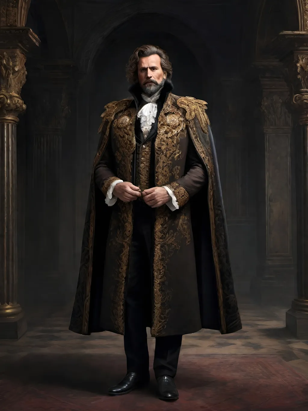 Prompt: (full-body) oil painting of male human Warhammer 40k noble in ornate well-appointed royal palace, dark moody atmospheric lighting, dark gothic fantasy architecture, , highly detailed background, dark gritty tones, highly detailed, professional illustration, painted, art, painterly, impressionist brushwork, thick brown styled hair, full brown styled beard, ((piercing brown eyes)), dark rich wood, ornate columns, intricate marble flooring, high detailed background, professional, warhammer 40k imperium of man, wh40k, imperial palace, imperium of man aquila decoration, ornate posh royal noble clothes, (ruffled white dress shirt), intricate embroidered black-and-gold cravat necktie, fancy ((black fur mantle) with animal head), ornate noble's black (great-cloak), fancy ornate jeweled rings, fancy gold coat-of-arms (brooch), intricately embroidered (red waistcoat), ornate fancy noble's (trench-coat), (Valeriy Vegera art style), ((highly detailed facial features)), royal epic stately standing pose, ornate fancy gold jeweled rings on fingers, 