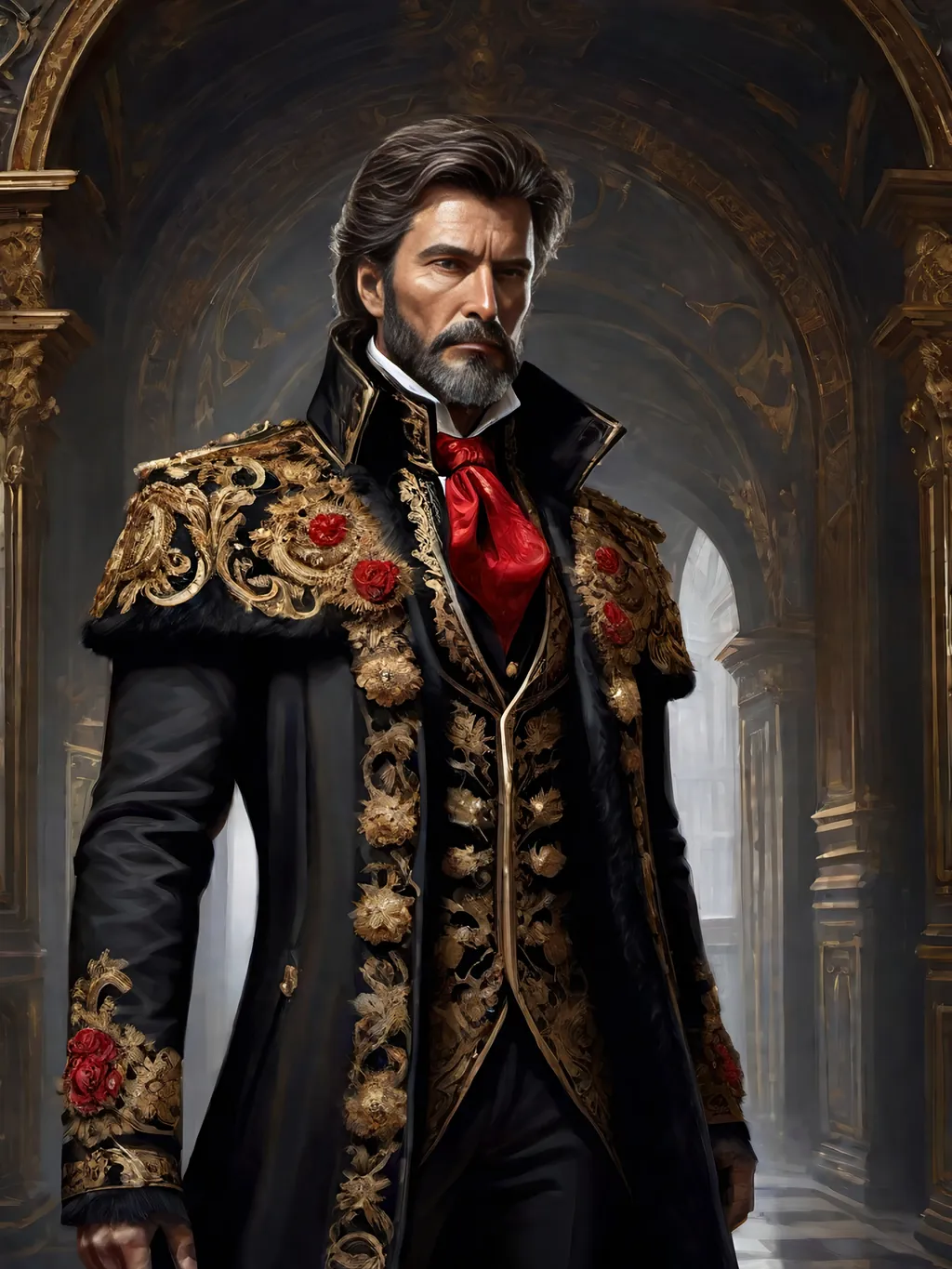 Prompt: (full-body) oil painting of male human Warhammer 40k noble in ornate well-appointed royal palace, dark moody atmospheric lighting, dark gothic fantasy architecture, , highly detailed background, dark gritty tones, highly detailed, professional illustration, painted, art, painterly, impressionist brushwork, thick brown styled hair, full brown styled beard, ((piercing brown eyes)), dark rich wood, ornate columns, intricate marble flooring, high detailed background, professional, warhammer 40k imperium of man, wh40k, imperial palace, imperium of man aquila decoration, ornate posh royal noble clothes, (ruffled white dress shirt), intricate embroidered black-and-gold cravat necktie, fancy ((black fur mantle) with animal head), ornate noble's black (great-cloak), fancy ornate jeweled rings, fancy gold coat-of-arms (brooch), intricately embroidered (red waistcoat), ornate fancy noble's (trench-coat), (Valeriy Vegera art style), ((highly detailed facial features)), royal epic stately standing pose, ornate fancy gold jeweled rings on fingers, 