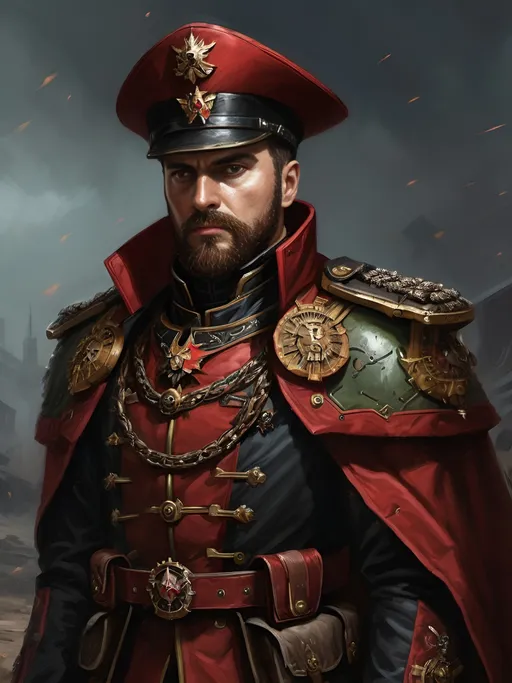 Prompt: (Full-body) oil painting portrait of human male ((Warhammer 40k commissar)), ({40k imperial guard regiment}) in background, short thick (brown hair), thick full (brown beard), ((Warhammer 40k)), wh40k, fierce expression, highly detailed (piercing brown eyes), professional illustration, painted, art, painterly, {40k imperial guard commissar}, ((heavy flak armor conquistador chest piece breastplate)), ornate red and black trench-coat decorated with military medals, ornate military epaulets with ({gold tassels}), ornate ((({40k commissar hat}))) officer hat, (highly detailed facial features), (dark tones), highly detailed dark active battlefield {war zone} background, impressionist brushwork, outside, exterior, astra militarum imperial guard background, (wh40k imperial guard), grimdark, gothic fantasy, ornate officer's shoulder cape, highly detailed hands, worry lines, wizened,