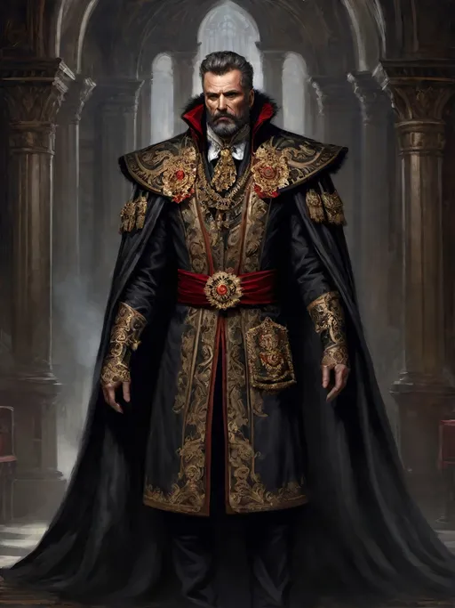 Prompt: (full-body) oil painting of male human Warhammer 40k noble in ornate well-appointed royal palace, dark moody atmospheric lighting, dark gothic fantasy architecture, , highly detailed background, dark gritty tones, highly detailed, professional illustration, painted, art, painterly, impressionist brushwork, thick brown styled hair, full brown styled beard, piercing brown eyes, dark rich wood, ornate columns, intricate marble flooring, high detailed background, professional, warhammer 40k imperium of man, wh40k, imperial palace, imperium of man aquila decoration, ornate posh royal noble clothes, (ruffled white dress shirt), intricate embroidered black-and-gold cravat necktie, fancy ((black fur mantle) with animal head), ornate noble's black (great-cloak), fancy ornate jeweled rings, fancy gold coat-of-arms (brooch), intricately embroidered (red waistcoat), ornate fancy noble's (trench-coat), (Valeriy Vegera art style), ((highly detailed facial features)), royal epic stately standing pose, 