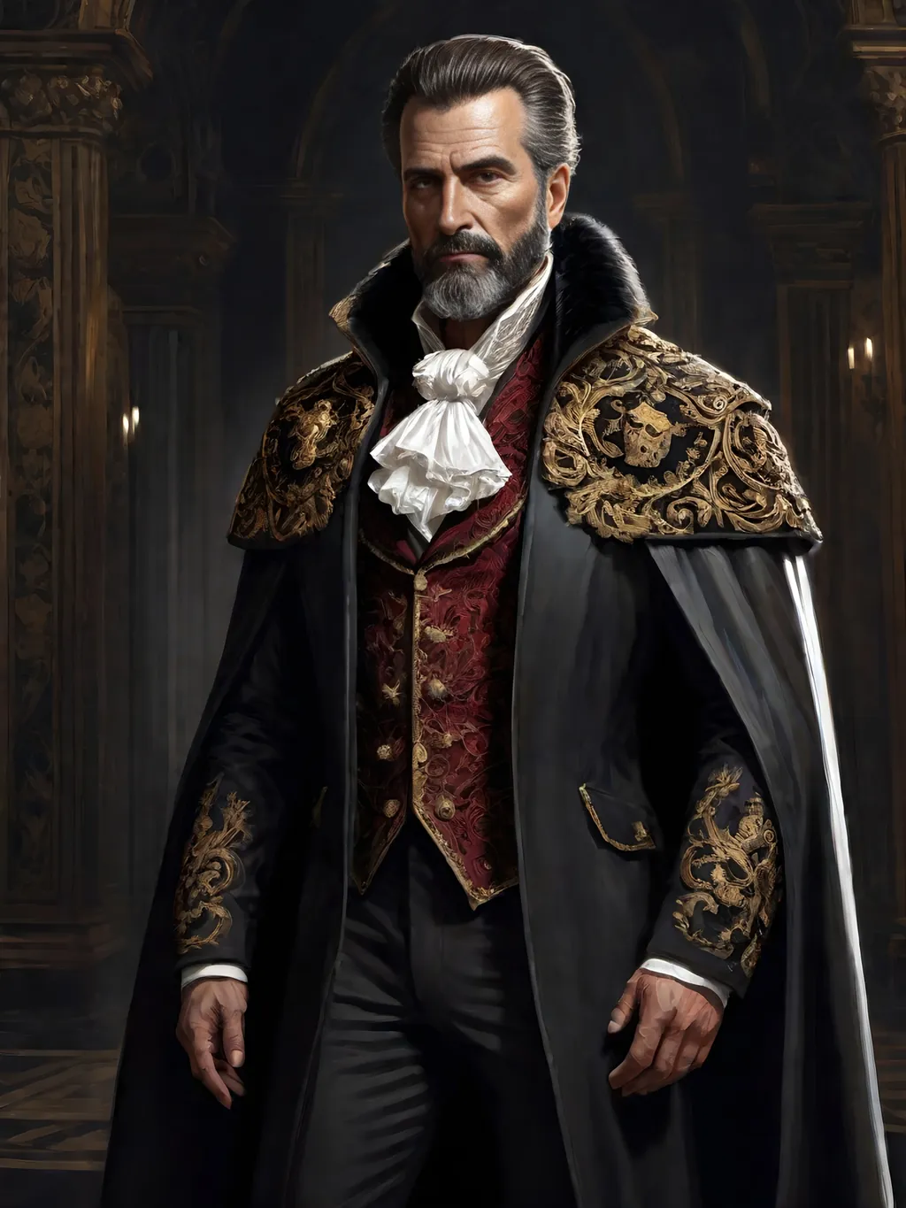 Prompt: (full-body) oil painting of male human Warhammer 40k noble in ornate well-appointed royal palace, dark moody atmospheric lighting, dark gothic fantasy architecture, , highly detailed background, dark gritty tones, highly detailed, professional illustration, painted, art, painterly, impressionist brushwork, thick brown styled hair, full brown styled beard, piercing brown eyes, dark rich wood, ornate columns, intricate marble flooring, high detailed background, professional, warhammer 40k imperium of man, wh40k, imperial palace, imperium of man aquila decoration, ornate posh royal noble clothes, (ruffled white dress shirt), intricate embroidered black-and-gold cravat necktie, fancy ((black fur mantle) with animal head), ornate noble's black (great-cloak), ornate black leather (gloves), fancy gold coat-of-arms (brooch), intricately embroidered (red waistcoat), ornate fancy noble's (trench-coat), (Valeriy Vegera art style), ((highly detailed facial features)), royal epic stately standing pose, 