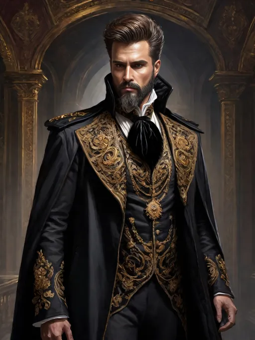 Prompt: (full-body) oil painting of male human Warhammer 40k noble in ornate well-appointed royal palace, dark moody atmospheric lighting, dark gothic fantasy architecture, , highly detailed background, dark gritty tones, highly detailed, professional illustration, painted, art, painterly, impressionist brushwork, thick brown styled hair, full brown styled beard, piercing brown eyes, dark rich wood, ornate columns, intricate marble flooring, high detailed background, professional, warhammer 40k imperium of man, wh40k, imperial palace, imperium of man aquila decoration, ornate posh royal noble clothes, (ruffled white dress shirt), intricate embroidered black-and-gold cravat necktie, fancy ((black fur mantle) with animal head), ornate noble's black (great-cloak), ornate black leather (gloves), fancy gold coat-of-arms (brooch), intricately embroidered (red waistcoat), ornate fancy noble's (trench-coat), (Valeriy Vegera art style), ((highly detailed facial features)), royal epic stately standing pose, 