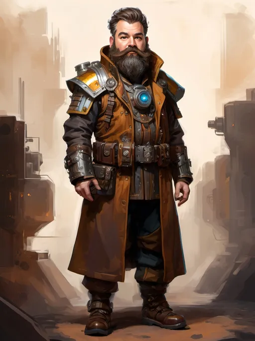 Prompt: electronic painting full-body character portrait of legendary (magitech magic-punk fantasy male dwarf artificer) in full magitech magic-punk aetherpunk ((minimalist heavily-armored trench-coat)) over ((heavy magitech breastplate)), wearing (hi-tech magitech goggles), rich color palette and dark gritty tones, (standing in magitech workshop background), high-fantasy dwarf, wearing utility pouches and magitech gadgets, brown hair and brown beard, professional illustration, painted painterly art, highly-detailed background, 