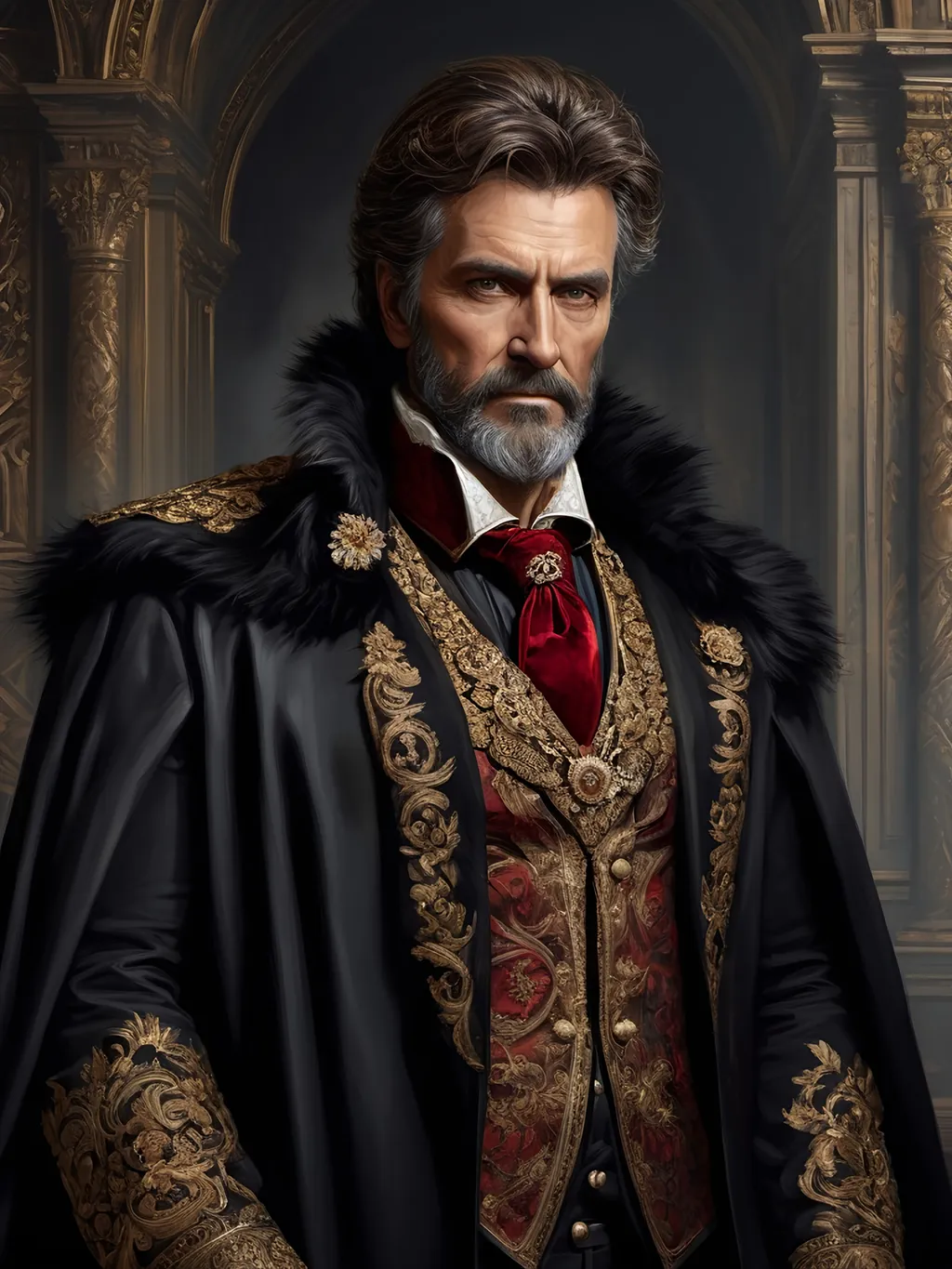 Prompt: (full-body) oil painting of male human Warhammer 40k noble in ornate well-appointed royal palace, dark moody atmospheric lighting, dark gothic fantasy architecture, , highly detailed background, dark gritty tones, highly detailed, professional illustration, painted, art, painterly, impressionist brushwork, thick brown styled hair, full brown styled beard, ((piercing brown eyes)), dark rich wood, ornate columns, intricate marble flooring, high detailed background, professional, warhammer 40k imperium of man, wh40k, imperial palace, imperium of man aquila decoration, ornate posh royal noble clothes, (ruffled white dress shirt), intricate embroidered black-and-gold cravat necktie, fancy ((black fur mantle) with animal head), ornate noble's black (great-cloak), fancy ornate jeweled rings, fancy gold coat-of-arms (brooch), intricately embroidered (red waistcoat), ornate fancy noble's (trench-coat), (Valeriy Vegera art style), ((highly detailed facial features)), royal epic stately standing pose, ornate fancy gold jeweled rings on fingers, 