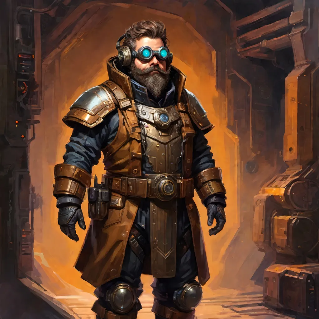 Prompt: electronic painting full-body character portrait of legendary (sci-fi fantasy male dwarf artificer) in full magitech magic-punk aetherpunk ((minimalist heavily-armored trench-coat)) over ((heavy magitech breastplate)), wearing (hi-tech magitech goggles), rich color palette and dark gritty tones, standing in magitech workshop background, high-fantasy dwarf, wearing utility pouches and magitech gadgets, brown hair and brown beard, professional illustration, painted painterly art, 