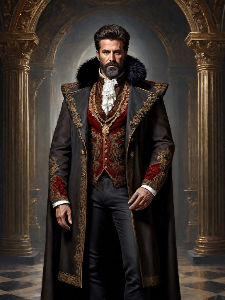 Prompt: (full-body) oil painting of male human Warhammer 40k noble in ornate well-appointed royal palace, dark moody atmospheric lighting, dark gothic fantasy architecture, , highly detailed background, dark gritty tones, highly detailed, professional illustration, painted, art, painterly, impressionist brushwork, thick brown styled hair, full brown styled beard, ((piercing brown eyes)), dark rich wood, ornate columns, intricate marble flooring, high detailed background, professional, warhammer 40k imperium of man, wh40k, imperial palace, imperium of man aquila decoration, ornate posh royal noble clothes, (ruffled white dress shirt), intricate embroidered black-and-gold cravat necktie, fancy ((black fur mantle) with animal head), ornate noble's black (great-cloak), fancy ornate jeweled rings, fancy gold coat-of-arms (brooch), intricately embroidered (red waistcoat), ornate fancy noble's (trench-coat), (Valeriy Vegera art style), ((highly detailed facial features)), royal epic stately standing pose, ornate fancy gold jeweled rings on fingers, 