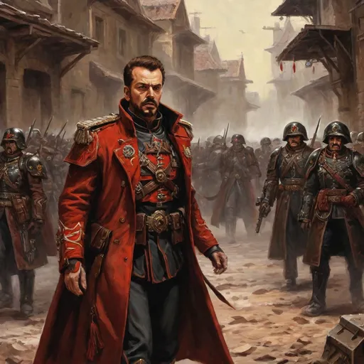 Prompt: (Full-body) oil painting portrait of human male ((Warhammer 40k commissar)) shouting and giving orders to a {40k imperial guard regiment} in background, short thick (brown hair), thick full (brown beard), (((Warhammer 40k))), wh40k, fierce expression, Stoic epic standing pose, (piercing brown eyes), professional illustration, painted, art, painterly, {40k imperial guard commissar}, ((heavy flak armor)) {chest piece} breastplate, ornate red and black trench-coat decorated with military medals, ornate military epaulets with ({gold tassels}), ornate (({40k commissar hat})), highly detailed eyes and facial features, (dark tones), highly detailed dark war zone background, impressionist brushwork, dark battlefield background, outside, exterior, astra militarum imperial guard, active war zone background, (wh40k imperial guard) regiment firing lasguns at enemy in background, grimdark, gothic fantasy, ornate officer's shoulder cape, highly detailed hands, worry lines, wizened, (40k {imperial guardsmen} {astra militarum} in background), 
