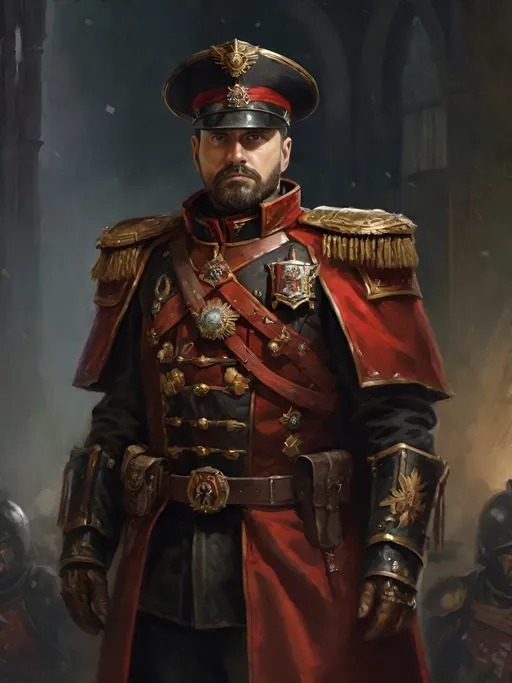 Prompt: (Full-body) oil painting portrait of human male ((Warhammer 40k commissar)), ({40k imperial guard regiment}) in background, short thick (brown hair), thick full (brown beard), ((Warhammer 40k)), wh40k, fierce expression, highly detailed (piercing brown eyes), professional illustration, painted, art, painterly, {40k imperial guard commissar}, ((heavy flak armor conquistador chest piece breastplate)), ornate red and black trench-coat decorated with military medals, ornate military epaulets with ({gold tassels}), ornate ((({40k commissar hat}))) officer hat, (highly detailed facial features), (dark tones), highly detailed dark active battlefield {war zone} background, impressionist brushwork, outside, exterior, astra militarum imperial guard background, (wh40k imperial guard), grimdark, gothic fantasy, ornate officer's shoulder cape, highly detailed hands, worry lines, wizened,