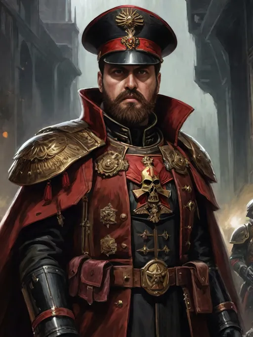 Prompt: (Full-body) oil painting portrait of human male ((Warhammer 40k commissar)) shouting and giving orders to a {40k imperial guard regiment} in background, short thick (brown hair), thick full (brown beard), (((Warhammer 40k))), wh40k, fierce expression, Stoic epic standing pose, (piercing brown eyes), professional illustration, painted, art, painterly, {40k imperial guard commissar}, ((heavy flak armor)) {chest piece} breastplate, ornate red and black trench-coat decorated with military medals, ornate military epaulets with ({gold tassels}), ornate (({40k commissar hat})), highly detailed eyes and facial features, (dark tones), highly detailed dark war zone background, impressionist brushwork, dark battlefield background, outside, exterior, astra militarum imperial guard, active war zone background, (wh40k imperial guard) regiment firing lasguns at enemy in background, grimdark, gothic fantasy, ornate officer's shoulder cape, highly detailed hands, worry lines, wizened, (40k {imperial guardsmen} {astra militarum} in background), 
