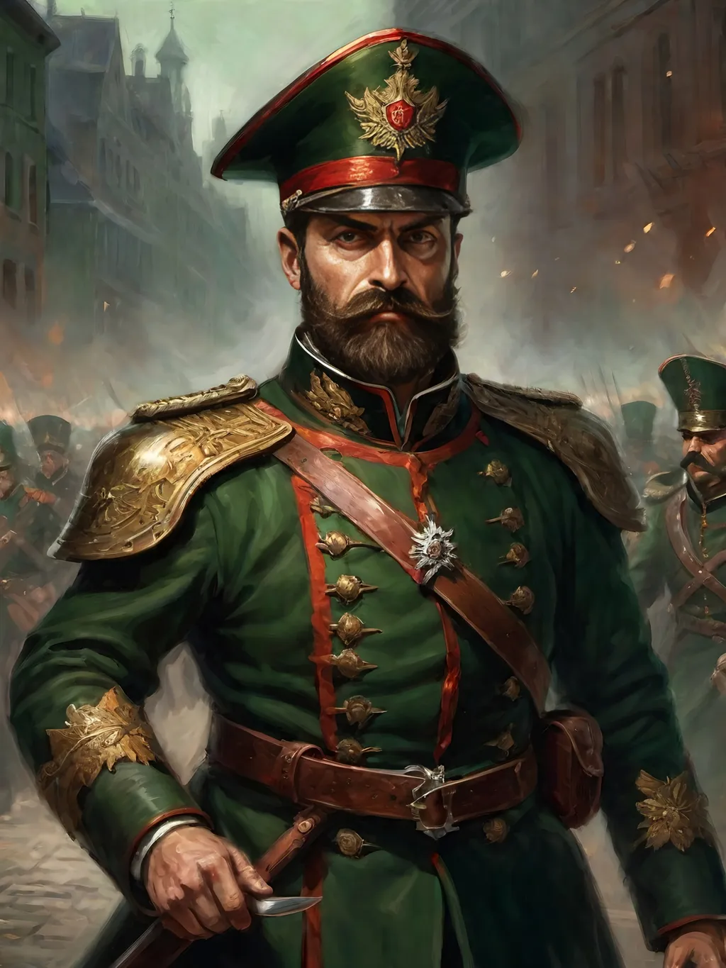 Prompt: Full-body oil painting portrait of wizened human male Warhammer 40k ((Imperial Guard)) commander leading a charge of Imperial Guard firing line in background, main subject wearing steel breastplate in conquistador style under dark green commander's greatcoat, brown short crew cut and brown styled full beard with handlebar mustache, fierce angry expression, ((highly detailed facial features)), ((highly detailed piercing brown eyes)), (Valeriy Vegera art style), painted, painterly, ((professional illustration)), dark gritty tones, dark atmospheric lighting, (wh40k imperial guard) firing line in background war zone wearing (wh40k imperial guard flak helmets) and (flak body armor), impressionist brushwork, (Warhammer 40k Astra Militarum), Imperial guard, 