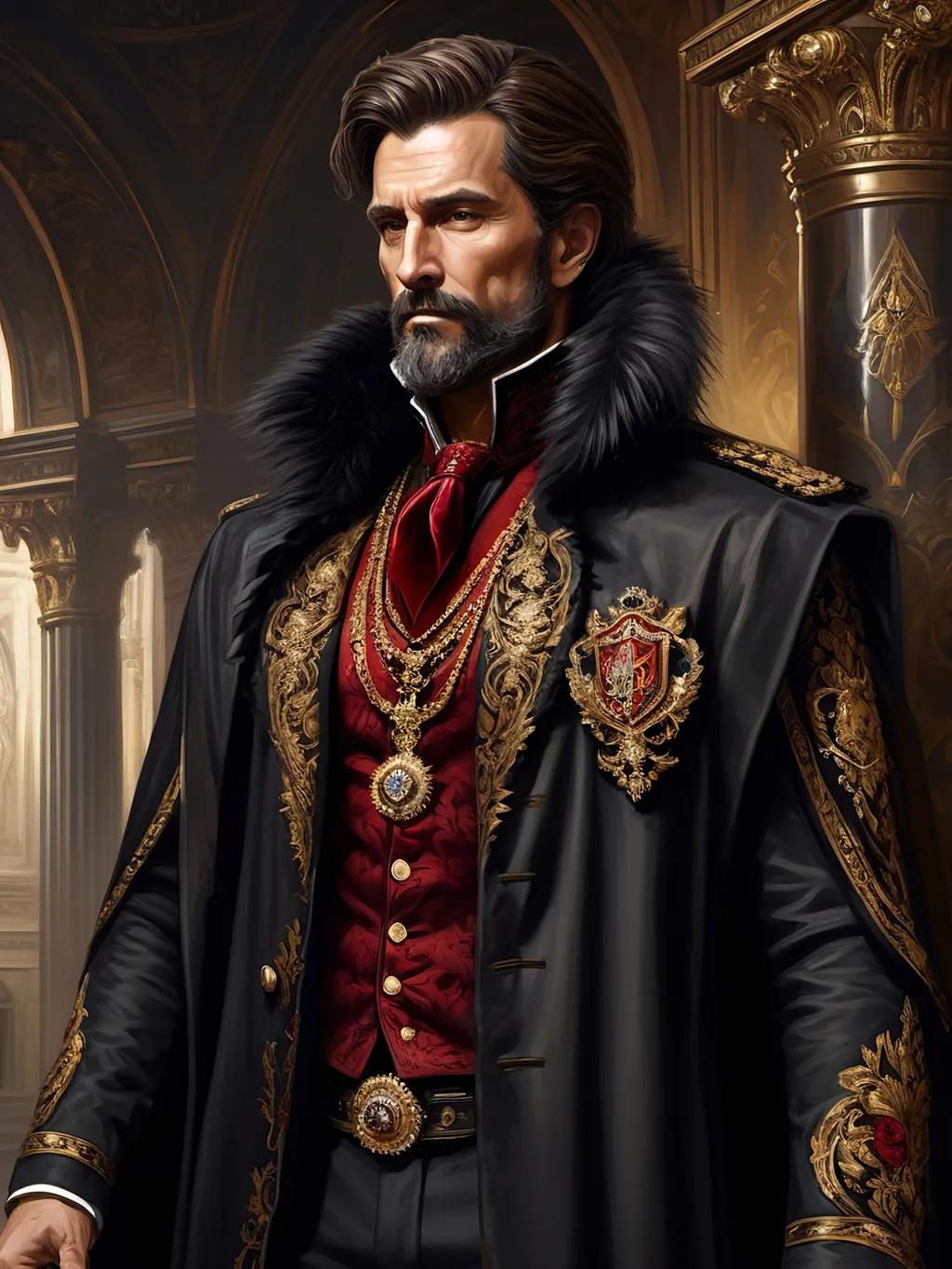 Prompt: (full-body) oil painting of male human Warhammer 40k noble in ornate well-appointed royal palace, dark moody atmospheric lighting, dark gothic fantasy architecture, , highly detailed background, dark gritty tones, highly detailed, professional illustration, painted, art, painterly, impressionist brushwork, thick brown styled hair, full brown styled beard, ((piercing brown eyes)), dark rich wood, ornate columns, intricate marble flooring, high detailed background, professional, warhammer 40k imperium of man, wh40k, imperial palace, imperium of man aquila decoration, ornate posh royal noble clothes, (ruffled white dress shirt), intricate embroidered black-and-gold cravat necktie, fancy ((black fur mantle) with animal head), ornate noble's black (great-cloak), fancy ornate jeweled rings, fancy gold coat-of-arms (brooch), intricately embroidered (red waistcoat), ornate fancy noble's (trench-coat), (Valeriy Vegera art style), ((highly detailed facial features)), royal epic stately standing pose, ornate fancy gold jeweled rings on fingers, 