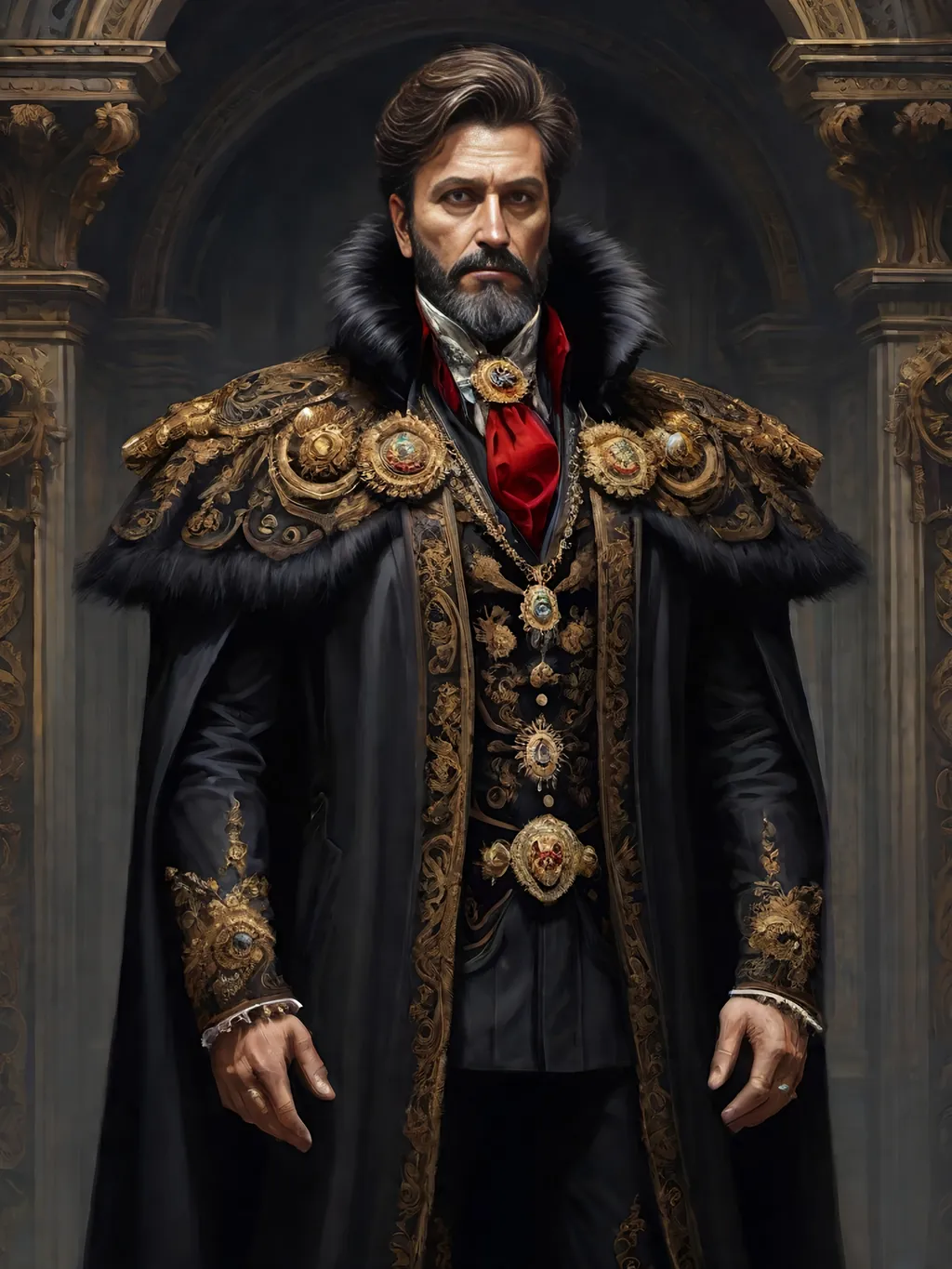 Prompt: (full-body) oil painting of male human Warhammer 40k noble in ornate well-appointed royal palace, dark moody atmospheric lighting, dark gothic fantasy architecture, , highly detailed background, dark gritty tones, highly detailed, professional illustration, painted, art, painterly, impressionist brushwork, thick brown styled hair, full brown styled beard, ((piercing brown eyes)), dark rich wood, ornate columns, intricate marble flooring, high detailed background, professional, warhammer 40k imperium of man, wh40k, imperial palace, imperium of man aquila decoration, ornate posh royal noble clothes, (ruffled white dress shirt), intricate embroidered black-and-gold cravat necktie, fancy ((black fur mantle) with animal head), ornate noble's black (great-cloak), fancy ornate jeweled rings, fancy gold coat-of-arms (brooch), intricately embroidered (red waistcoat), ornate fancy noble's (trench-coat), (Valeriy Vegera art style), ((highly detailed facial features)), royal epic stately standing pose, ornate fancy gold jeweled rings on fingers, 