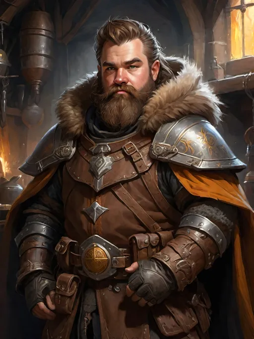 Prompt: electronic painting character portrait of high-fantasy (male dwarf artificer) wearing ((dark armored heavy weatherproof greatcloak great-cloak)) over a ((heavy carbon-steel breastplate)), wearing many utility pouches, wearing magitek goggles, wearing heavy gauntlets, standing in a highly-detailed magitek artificer's workshop, in a rich color palette and dark gritty tones, brown hair and beard,