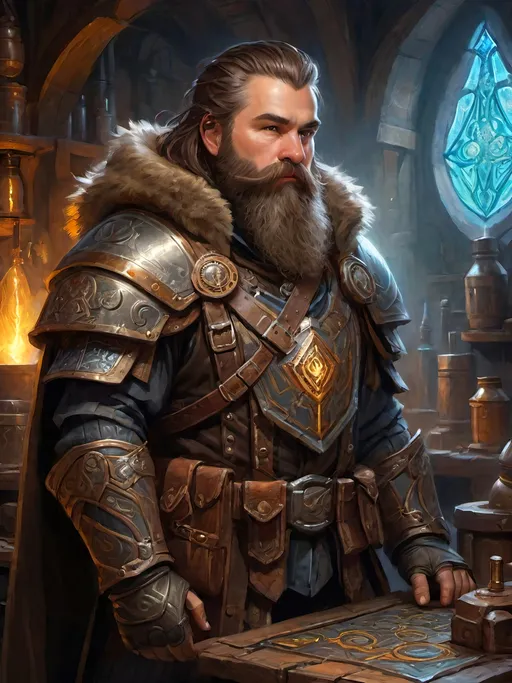 Prompt: electronic painting character portrait of high-fantasy ((male dwarf artificer)) wearing ((dark armored heavy weatherproof greatcloak great-cloak)) over a ((glowing enchanted dwarven runes)) ((metal breastplate)), wearing many utility pouches, wearing magic-punk goggles, wearing heavy gauntlets, standing in a highly-detailed magitek ((artificer's workshop)), in a rich color palette and dark gritty tones, brown hair and beard, fantasy magic-punk magitech magitek aetherpunk, professional illustration, painted painterly art, impressionist brushwork, ((dark metal alloyed carbon-steel armor)), enchanted magical gear and gizmos, highly-detailed background,