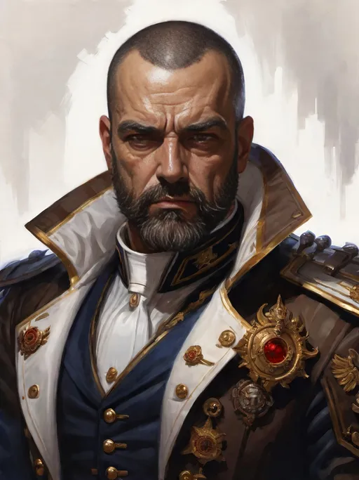 Prompt: (Full-body) oil painting portrait of (wizened) male Warhammer 40k Navy Officer standing in voidship interior, Warhammer 40k imperial navy officer dress uniform, (white dress shirt) (ornate navy tunic) (ornate navy greatcoat with ornate naval epaulets with gold tassels), ((dark red-brown leather dress shoes)), dress uniform (white pants), high gothic architecture, dark gritty tones, dark atmospheric lighting, professional illustration, art, painted, painterly, impressionist brushwork, worry lines in forehead, brown thick crew cut, brown thick styled beard, (wh40k), Warhammer, (wh40k voidship), interior, inside, fierce confident expression, highly detailed piercing ((brown eyes)), ((highly detailed facial features)), stoic standing pose, white gloves, Valeriy Vegera art style, (highly detailed background), high detail, 