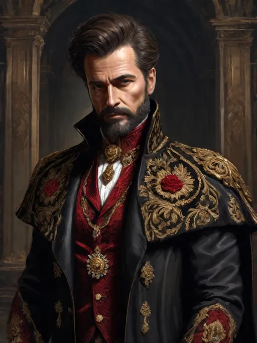 Prompt: (full-body) oil painting of male human Warhammer 40k noble in ornate well-appointed royal palace, dark moody atmospheric lighting, dark gothic fantasy architecture, , highly detailed background, dark gritty tones, highly detailed, professional illustration, painted, art, painterly, impressionist brushwork, thick brown styled hair, full brown styled beard, ((piercing brown eyes)), dark rich wood, ornate columns, intricate marble flooring, high detailed background, professional, warhammer 40k imperium of man, wh40k, imperial palace, imperium of man aquila decoration, ornate posh royal noble clothes, (ruffled white dress shirt), intricate embroidered black-and-gold cravat necktie, fancy ((black fur mantle) with animal head), ornate noble's black (great-cloak), fancy ornate jeweled rings, fancy gold coat-of-arms (brooch), intricately embroidered (red waistcoat), ornate fancy noble's (trench-coat), (Valeriy Vegera art style), ((highly detailed facial features)), royal epic stately standing pose, ornate fancy gold jeweled rings on fingers, 