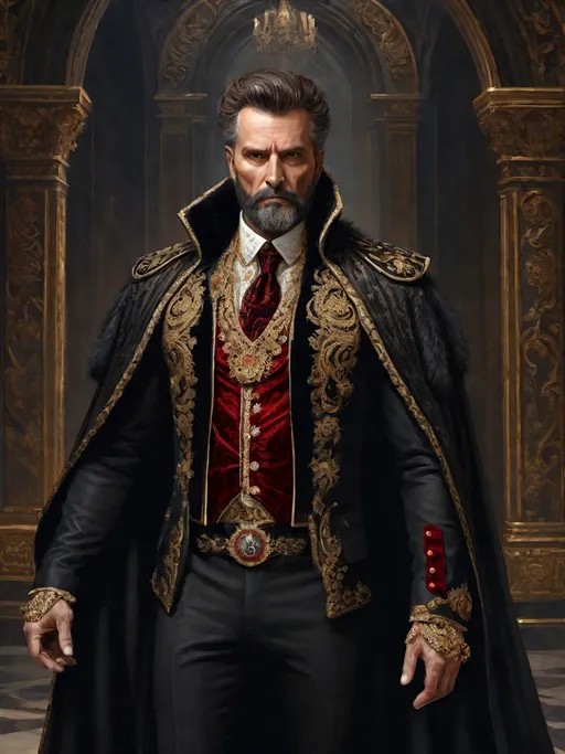 Prompt: (full-body) oil painting of male human Warhammer 40k noble in ornate well-appointed royal palace, dark moody atmospheric lighting, dark gothic fantasy architecture, , highly detailed background, dark gritty tones, highly detailed, professional illustration, painted, art, painterly, impressionist brushwork, thick brown styled hair, full brown styled beard, ((piercing brown eyes)), dark rich wood, ornate columns, intricate marble flooring, high detailed background, professional, warhammer 40k imperium of man, wh40k, imperial palace, imperium of man aquila decoration, ornate posh royal noble clothes, (ruffled white dress shirt), intricate embroidered black-and-gold cravat necktie, fancy ((black fur mantle) with animal head), ornate noble's black (great-cloak), fancy ornate jeweled rings, fancy gold coat-of-arms (brooch), intricately embroidered (red waistcoat), ornate fancy noble's (trench-coat), (Valeriy Vegera art style), ((highly detailed facial features)), royal epic stately standing pose, ornate fancy gold jeweled rings on fingers, 