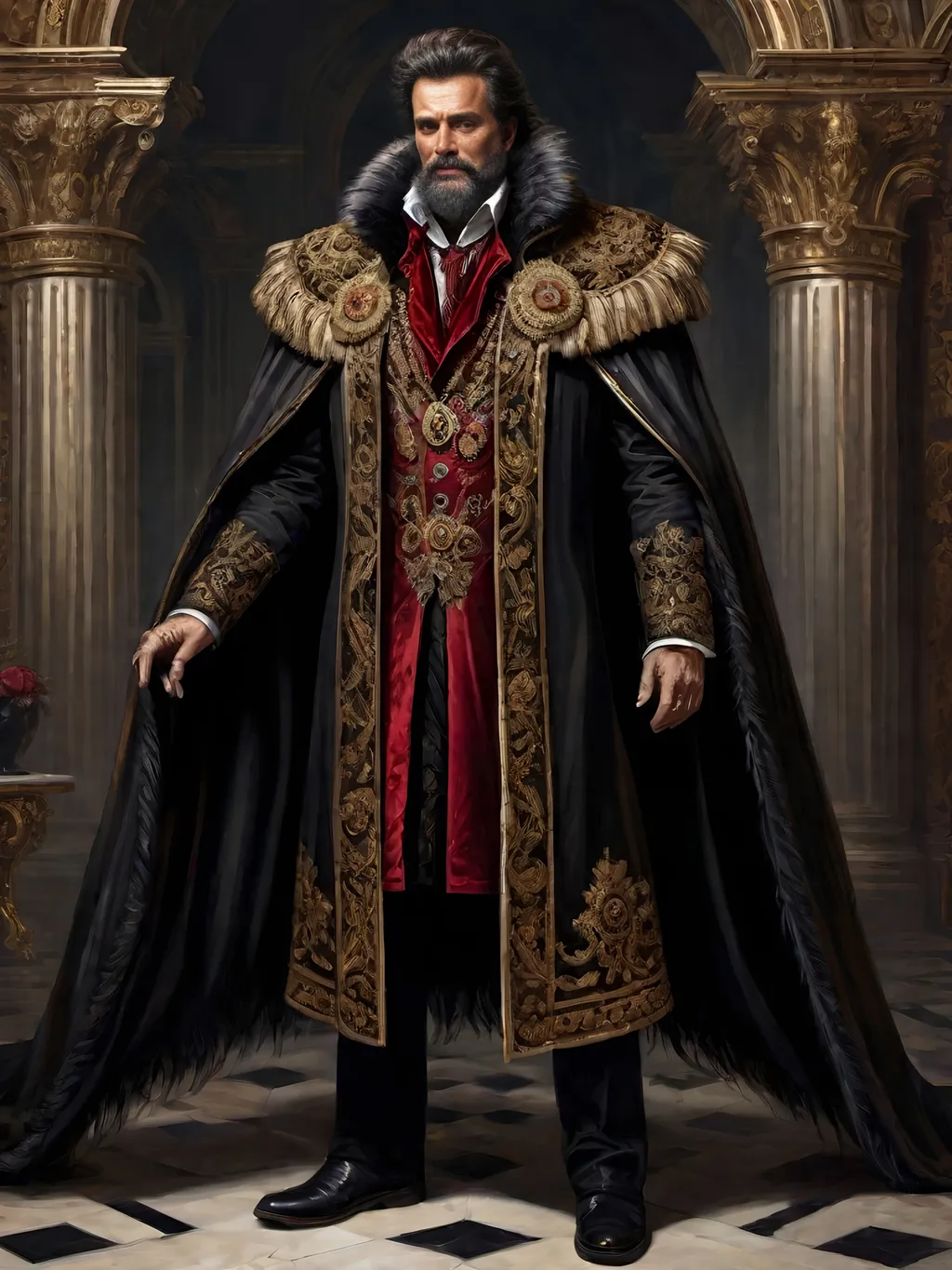 Prompt: (full-body) oil painting of male human Warhammer 40k noble in ornate well-appointed royal palace, dark moody atmospheric lighting, dark gothic fantasy architecture, , highly detailed background, dark gritty tones, highly detailed, professional illustration, painted, art, painterly, impressionist brushwork, thick brown styled hair, full brown styled beard, ((piercing brown eyes)), dark rich wood, ornate columns, intricate marble flooring, high detailed background, professional, warhammer 40k imperium of man, wh40k, imperial palace, imperium of man aquila decoration, ornate posh royal noble clothes, (ruffled white dress shirt), intricate embroidered black-and-gold cravat necktie, fancy ((black fur mantle) with animal head), ornate noble's black (great-cloak), fancy ornate jeweled rings, fancy gold coat-of-arms (brooch), intricately embroidered (red waistcoat), ornate fancy noble's (trench-coat), (Valeriy Vegera art style), ((highly detailed facial features)), royal epic stately standing pose, ornate fancy gold jeweled rings on fingers, 