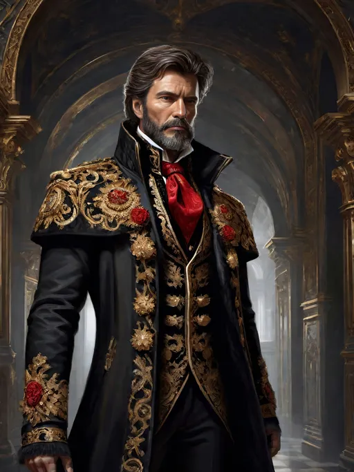 Prompt: (full-body) oil painting of male human Warhammer 40k noble in ornate well-appointed royal palace, dark moody atmospheric lighting, dark gothic fantasy architecture, , highly detailed background, dark gritty tones, highly detailed, professional illustration, painted, art, painterly, impressionist brushwork, thick brown styled hair, full brown styled beard, ((piercing brown eyes)), dark rich wood, ornate columns, intricate marble flooring, high detailed background, professional, warhammer 40k imperium of man, wh40k, imperial palace, imperium of man aquila decoration, ornate posh royal noble clothes, (ruffled white dress shirt), intricate embroidered black-and-gold cravat necktie, fancy ((black fur mantle) with animal head), ornate noble's black (great-cloak), fancy ornate jeweled rings, fancy gold coat-of-arms (brooch), intricately embroidered (red waistcoat), ornate fancy noble's (trench-coat), (Valeriy Vegera art style), ((highly detailed facial features)), royal epic stately standing pose, ornate fancy gold jeweled rings on fingers, 