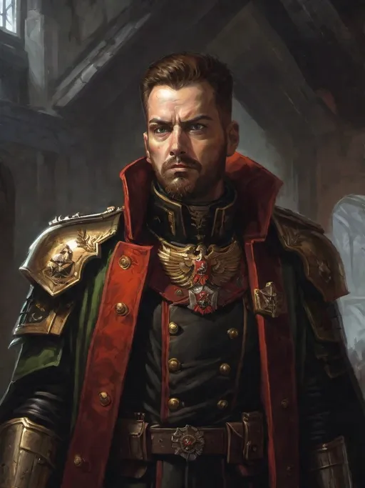 Prompt: (Full-body) oil painting portrait of human male ((Warhammer 40k commissar)) shouting and giving orders to a {40k imperial guard regiment} in background, short thick (brown hair), thick full (brown beard), (((Warhammer 40k))), wh40k, fierce expression, Stoic epic standing pose, (piercing brown eyes), professional illustration, painted, art, painterly, {40k imperial guard commissar}, ((heavy flak armor)) {chest piece} breastplate, ornate red and black trench-coat decorated with military medals, ornate military epaulets with ({gold tassels}), ornate (({40k commissar hat})), highly detailed eyes, (highly detailed facial features), (dark tones), highly detailed dark war zone background, impressionist brushwork, dark battlefield background, outside, exterior, astra militarum imperial guard, active war zone background, (wh40k imperial guard) regiment in background, grimdark, gothic fantasy, ornate officer's shoulder cape, highly detailed hands, worry lines, wizened, (40k {imperial guardsmen} {astra militarum} in background), subject holding pistol, 
