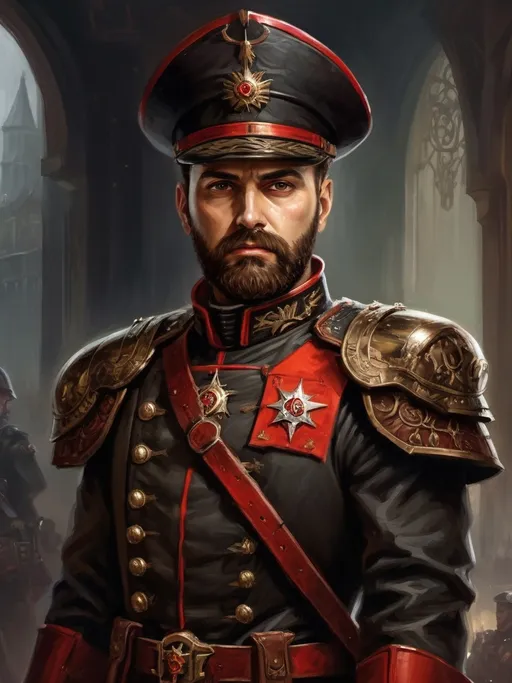 Prompt: (Full-body) oil painting portrait of human male ((Warhammer 40k commissar)), ({40k imperial guard regiment}) in background, short thick (brown hair), thick full (brown beard), ((Warhammer 40k)), wh40k, fierce expression, highly detailed (piercing brown eyes), professional illustration, painted, art, painterly, {40k imperial guard commissar}, (((heavy flak armor conquistador chest piece breastplate)), ornate red and black trench-coat decorated with military medals, ornate military epaulets with ({gold tassels}), ornate ((({40k commissar hat}))), (highly detailed facial features), (dark tones), highly detailed dark active battlefield {war zone} background, impressionist brushwork, outside, exterior, astra militarum imperial guard background, (wh40k imperial guard), grimdark, gothic fantasy, ornate officer's shoulder cape, highly detailed hands, worry lines, wizened,