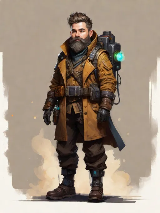 Prompt: electronic painting full-body character portrait of legendary (magitech magic-punk fantasy male gnome artificer) in full magitech magic-punk aetherpunk ((minimalist heavily-armored trench-coat)) over ((heavy magitech breastplate)), wearing (hi-tech magitech goggles), rich color palette and dark gritty tones, standing in magitech workshop background, high-fantasy gnome, wearing utility pouches and magitech gadgets, brown hair and brown beard, professional illustration, painted painterly art, 
