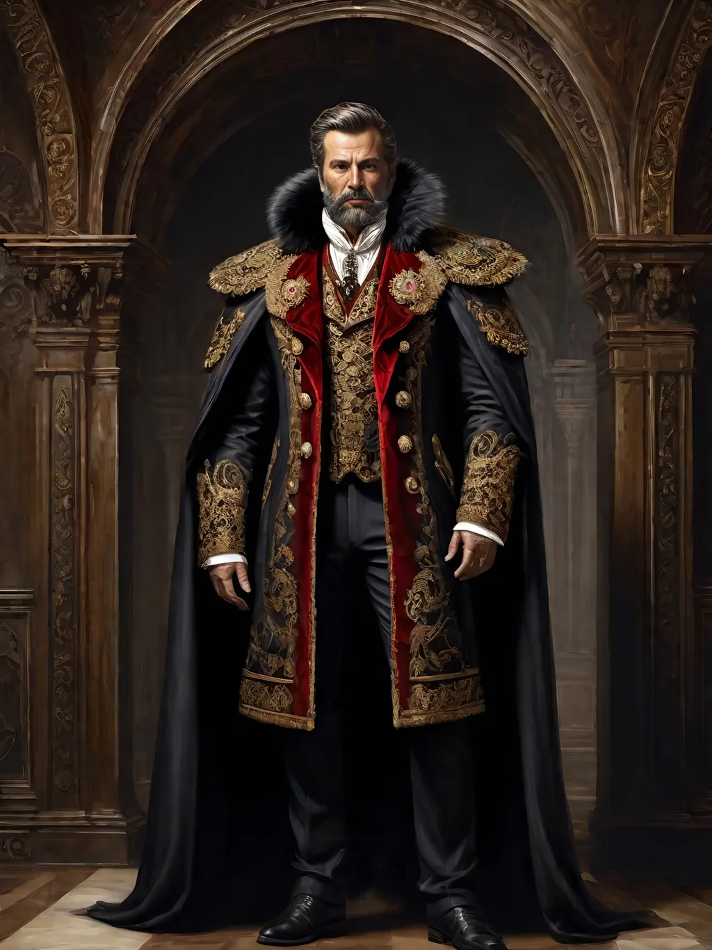 Prompt: (full-body) oil painting of male human Warhammer 40k noble in ornate well-appointed royal palace, dark moody atmospheric lighting, dark gothic fantasy architecture, , highly detailed background, dark gritty tones, highly detailed, professional illustration, painted, art, painterly, impressionist brushwork, thick brown styled hair, full brown styled beard, piercing brown eyes, dark rich wood, ornate columns, intricate marble flooring, high detailed background, professional, warhammer 40k imperium of man, wh40k, imperial palace, imperium of man aquila decoration, ornate posh royal noble clothes, (ruffled white dress shirt), intricate embroidered black-and-gold cravat necktie, fancy ((black fur mantle) with animal head), ornate noble's black (great-cloak), fancy ornate jeweled rings, fancy gold coat-of-arms (brooch), intricately embroidered (red waistcoat), ornate fancy noble's (trench-coat), (Valeriy Vegera art style), ((highly detailed facial features)), royal epic stately standing pose, 