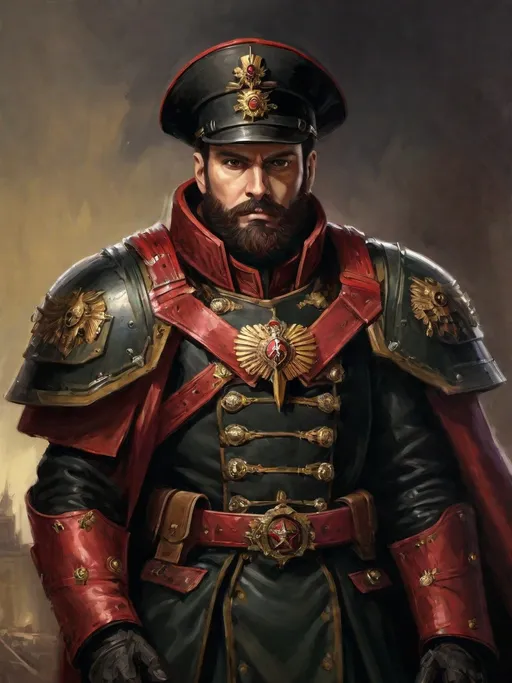 Prompt: (Full-body) oil painting portrait of human male ((Warhammer 40k commissar)), ({40k imperial guard regiment}) in background, short thick (brown hair), thick full (brown beard), ((Warhammer 40k)), wh40k, fierce expression, highly detailed (piercing brown eyes), professional illustration, painted, art, painterly, {40k imperial guard commissar}, (((conquistador chest piece breastplate)), ornate red and black trench-coat decorated with military medals, ornate military epaulets with ({gold tassels}), ornate ((({40k commissar hat}))), (highly detailed facial features), (dark tones), highly detailed dark active battlefield {war zone} background, impressionist brushwork, outside, exterior, astra militarum imperial guard background, (wh40k imperial guard), grimdark, gothic fantasy, ornate officer's shoulder cape, highly detailed hands, worry lines, wizened,