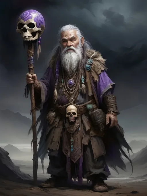 Prompt: (full-body) concept art of high fantasy wizened old male gnome deathspeaker shaman, oil painting, dark atmospheric lighting, high fantasy, highly detailed background, dark gritty tones, professional illustration, painted, art, painterly, thick gray and brown hair, thick gray and brown beard, crazed crazy possessed wild expression, shamanistic (staff with ((purple glowing enchanted rune-carved skull)) tied to it), shaman robes, soft shadows, soft highlights, very short subject, standing in highly detailed desolate wasteland background, windswept charred misty foggy rocky craggy dead wasteland background, skull and bone tribal fetishes, alchemical component pouches attached to belt, shamanistic tribal headdress, nomadic tribal tent city in background, 