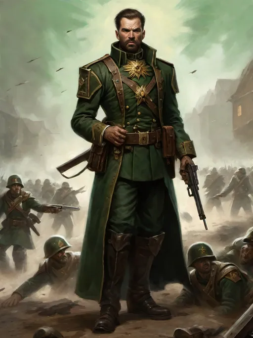 Prompt: Full-body oil painting of wizened human male Warhammer 40k Cadian shock trooper veteran leading a charge (pointing forward) and barking orders, illustrated in (Lewis Jones art style), (simple m1 flak helmet), dark green wh40k Cadian flak heavy body armor, 40k military duty fatigues, high detail facial features, fierce angry expression, (captain rank insignia on shoulder), (imperial Aquila decoration), dark gritty tones, dark atmospheric lighting, imperial guard firing line in background with dense laser beams, short thick brown crew cut, full styled brown beard, piercing brown eyes, subject wearing heavy 40k flak armor, professional illustration, wh40k imperium of mankind, astra militarum, imperial guard, planetary guard, painterly, painted, art, impressionist brushwork, ((main subject holding ((wh40k bolt pistol)) in right hand and pointing forward with empty left hand)), 
