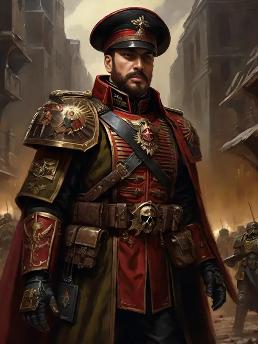 Prompt: (Full-body) oil painting portrait of human male ((Warhammer 40k commissar)) shouting and giving orders to a {40k imperial guard regiment} in background, short thick (brown hair), thick full (brown beard), (((Warhammer 40k))), wh40k, fierce expression, Stoic epic standing pose, (piercing brown eyes), professional illustration, painted, art, painterly, {40k imperial guard commissar}, ((heavy flak armor)) {chest piece} breastplate, ornate red and black trench-coat decorated with military medals, ornate military epaulets with ({gold tassels}), ornate (({40k commissar hat})), highly detailed eyes, (highly detailed facial features), (dark tones), highly detailed dark war zone background, impressionist brushwork, dark battlefield background, outside, exterior, astra militarum imperial guard, active war zone background, (wh40k imperial guard) regiment in background, grimdark, gothic fantasy, ornate officer's shoulder cape, highly detailed hands, worry lines, wizened, (40k {imperial guardsmen} {astra militarum} in background), 
