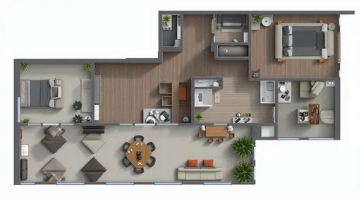 Prompt: A modern apartment layout showcases a well-structured living space with distinct zones designed for both relaxation and dining. In the center, an open-plan living area features a cozy seating arrangement, highlighted by a light-colored sofa paired with vibrant orange cushions, and a tasteful coffee table, flanked by a dining setup with a wooden table and chairs nearby. The kitchen is equipped with contemporary appliances and offers ample counter space, while the adjacent hallway leads to private rooms, including a master bedroom and additional sleeping quarters, each characterized by minimalistic decor and natural light. Light wood and neutral tones dominate the color palette, creating an inviting and warm atmosphere, while strategically placed plants enhance the sense of tranquility and freshness throughout the space. The layout reflects a thoughtful design, balancing comfort with functionality, making it an ideal home for modern living. Toda sacada do apartamento estendida