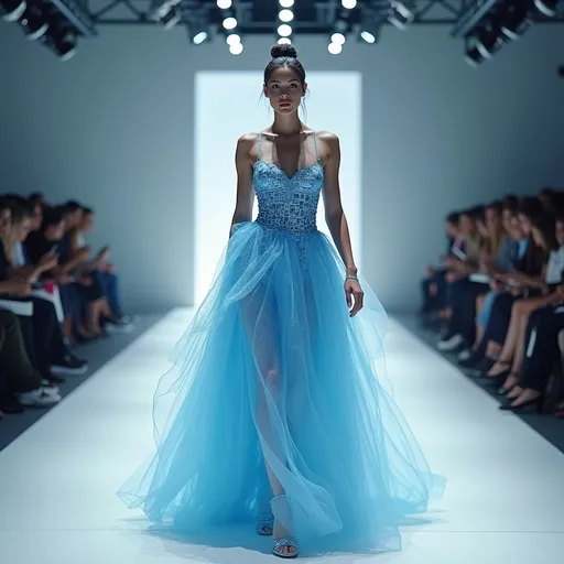 Prompt: A qr code printed dress wearing top model's dress turning into a fantastic light blue night dress while walking on the runway of the fashionshow, confident haute couture model with dramatic pose as geometric QR code squares dissolve into cascading layers of iridescent azure tulle and satin that creates spectacular visual metamorphosis with each step, minimalist contemporary fashion space with stark white walls and industrial concrete floors under dramatic overhead spotlights, intense and captivating atmosphere where cutting-edge fashion technology creates breathtaking spectacle leaving audience in stunned silence, 3D rendering, executed using Unreal Engine 5 with advanced cloth simulation and real-time ray tracing for photorealistic fabric physics, --ar 16:9 --v 5