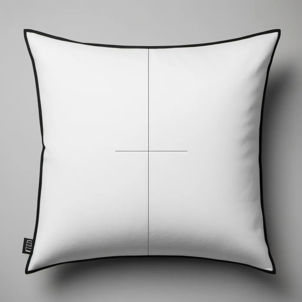 Prompt: white, perfectly square pillow facing the point of view with a black, large, flat perfect square that acts as a placeholder in the center of the pillow face.