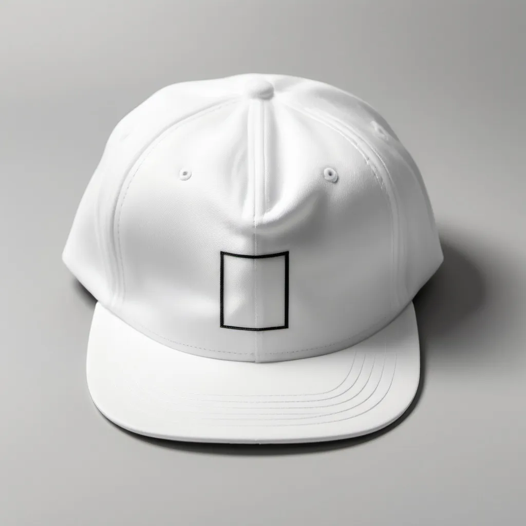 Prompt: white ball cap laying flat, facing the point of view with a perfect square in the middle of the cap.