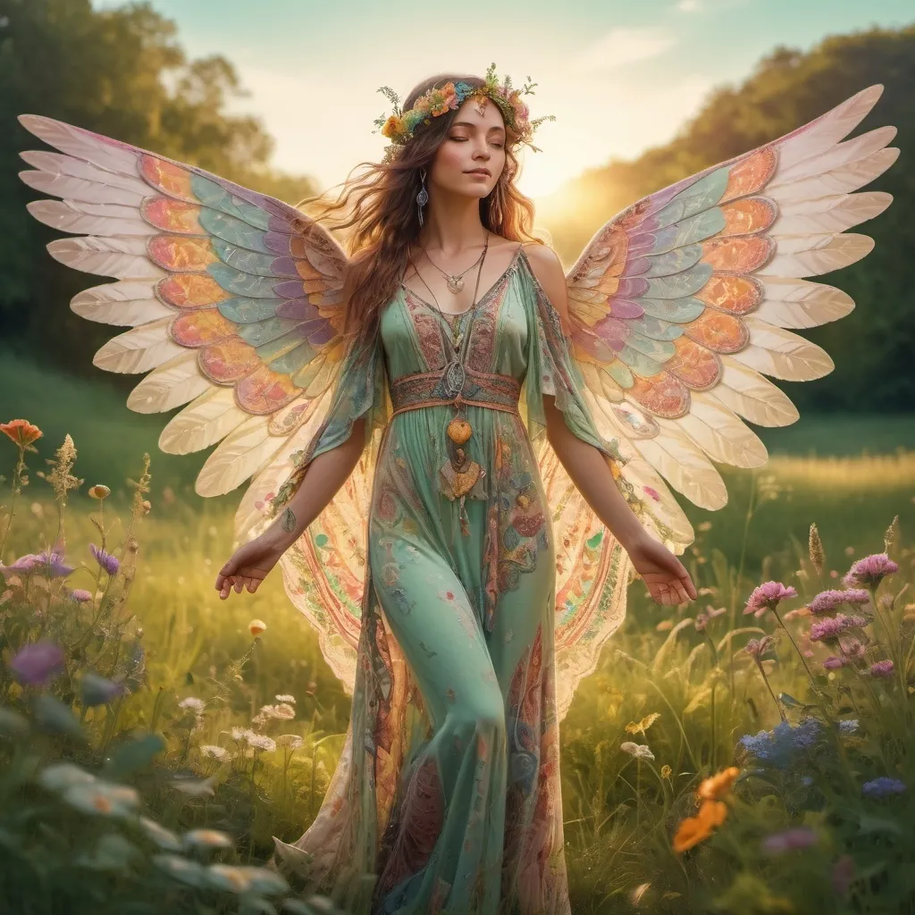 Prompt: A bohemian woman wearing wings.