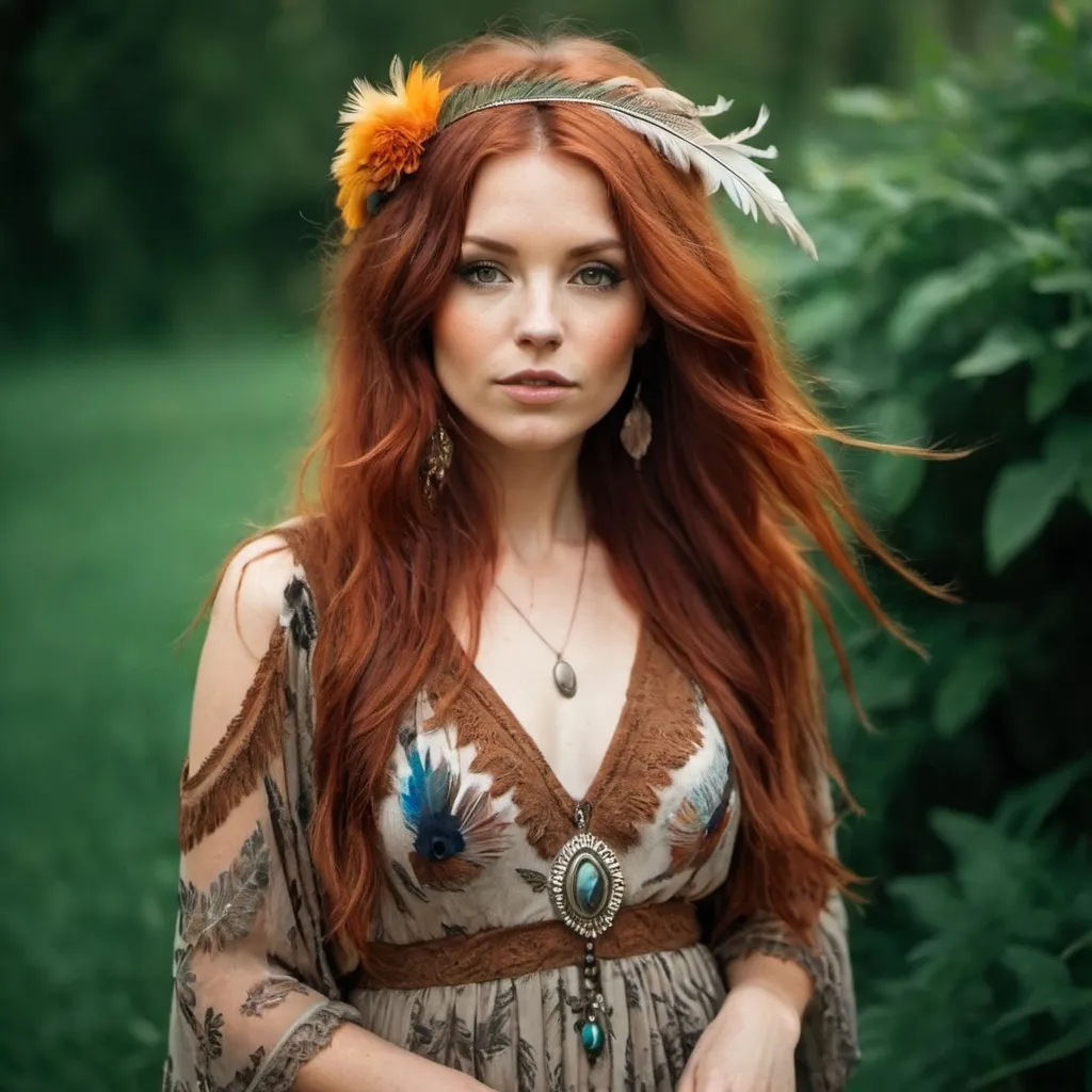 Prompt: Beautiful bohemian lady with auburn hair wearing a feathered dress