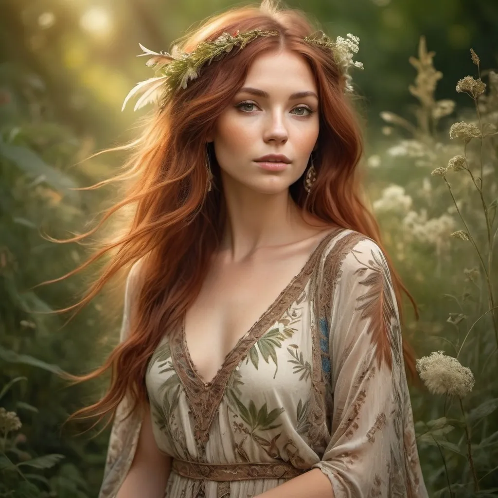 Prompt: Beautiful bohemian lady with auburn hair wearing a feathered dress