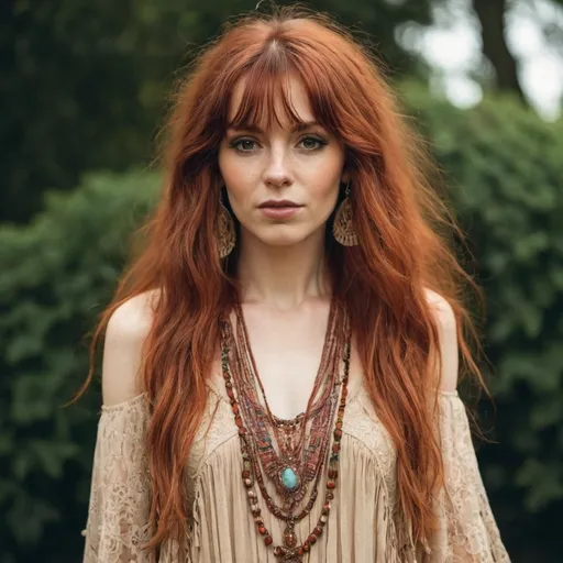 Prompt: A bohemian lady with auburn hair wearing a fringed dress 