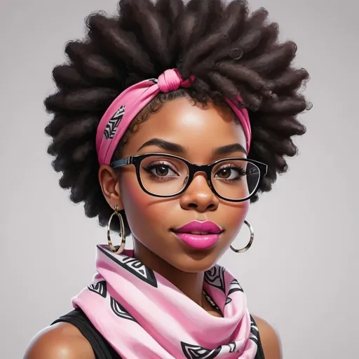 Prompt: (cartoon face only), front-facing black girl, (stylized details), vibrant, afro hair, fashionable eyeglasses, white and pink bandana with black print, wrap a bandana around afro hair, cheerful ambiance, smooth lines, bold colors, HD, dynamic composition, striking contrast, whimsical style, playful expression, artistic flair.