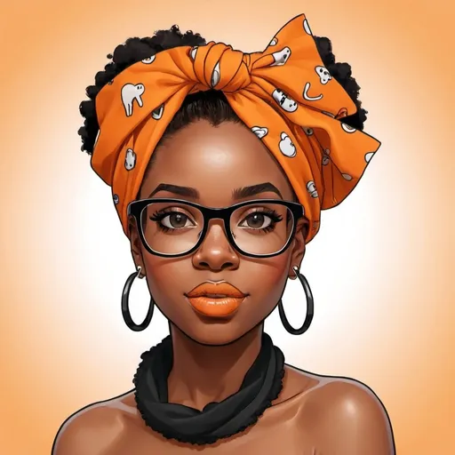 Prompt: front facing black girl face only cartoon orange and black print bandana wrapped around afro hair wears eyeglasses