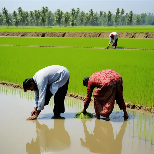 Prompt: In a lush rice field, farmers from Pakistan and India work together under the warm sun. They are dressed in traditional clothing, bending over to plant seedlings in neat rows. The fields are flooded with water, creating a mirror-like surface that reflects the blue sky.