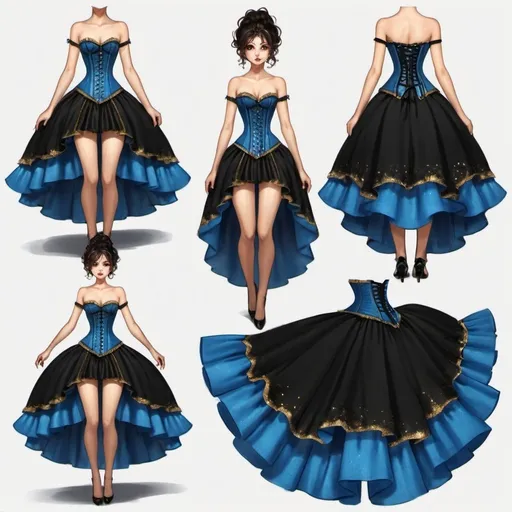 Prompt: Character design sheet a corset black and blue  dip hem puffy dress with gold dust