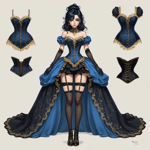 Prompt: Character design sheet black and blue puffy dress that's short in the front and long in the back with gold dust and a corset