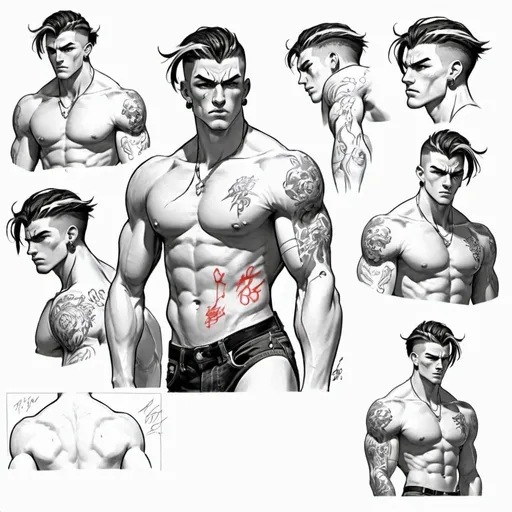 Prompt: Character design sheet boy, black and white split hair spit, muscular, tattoos, 6'1