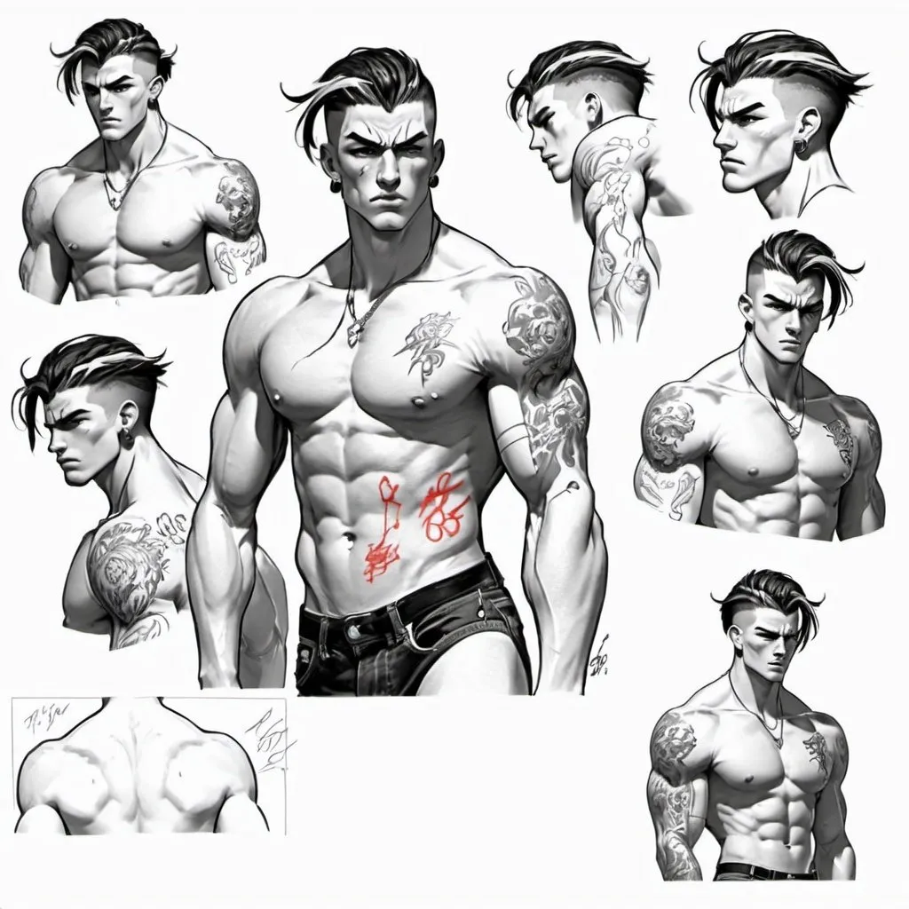 Prompt: Character design sheet boy, black and white split hair spit, muscular, tattoos, 6'1